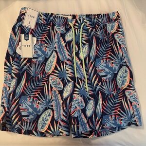 Blue and Red Swim Trunks with Tropical Print